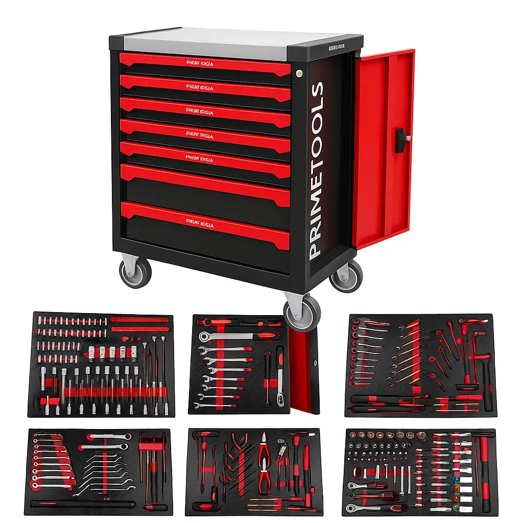 PRIME TOOLS Werkzeugwagen mit 262 Teilen – Profi Werkstattwagen mit 7 Schubladen & Rollen