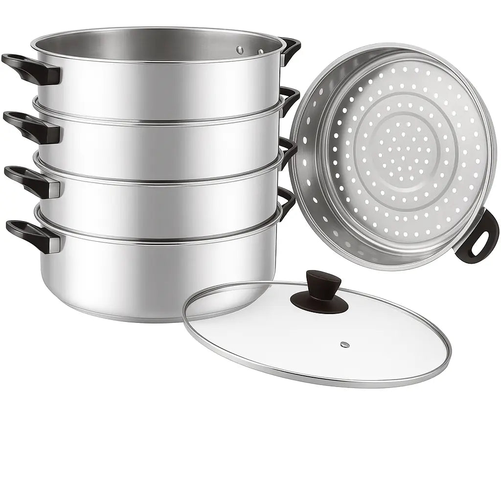 Mantu Dampfgarer Dampftopf 5 Etagen aus Edelstahl – [30cm/32cm/34cm/36cm] – Für Mantu, Baozi & Dim Sum