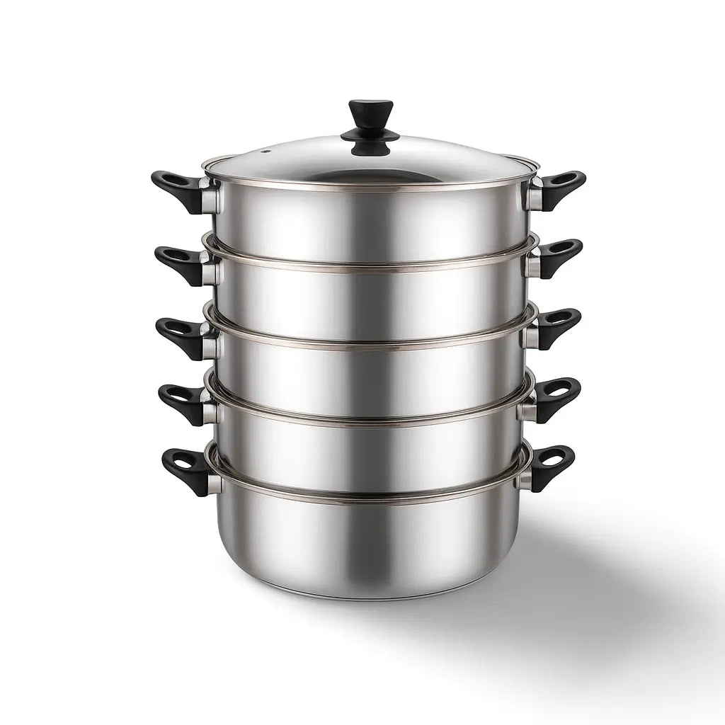 Mantu Dampfgarer Dampftopf 5 Etagen aus Edelstahl – [30cm/32cm/34cm/36cm] – Für Mantu, Baozi & Dim Sum