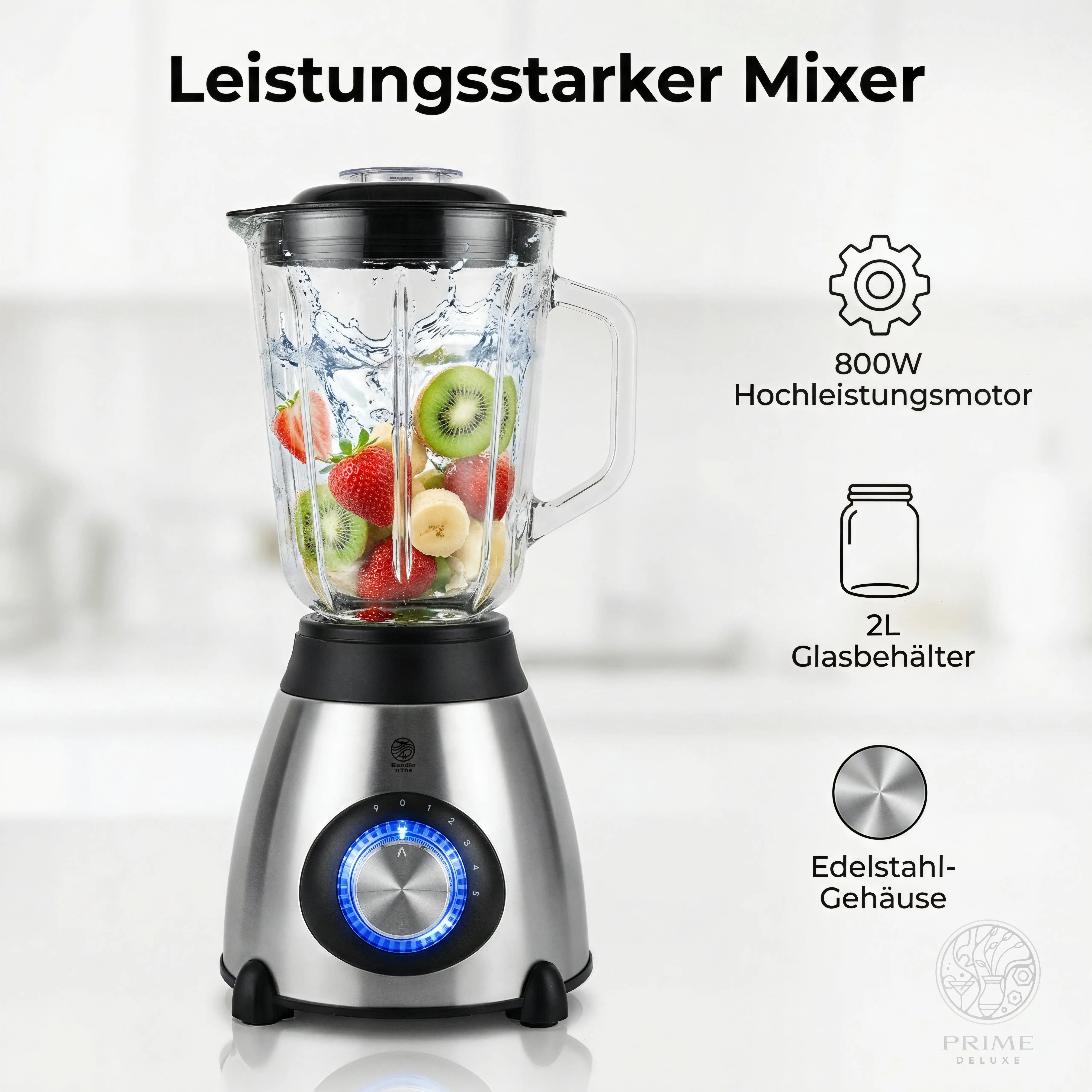 Prime Kitchen Standmixer 800W – Glasbehälter, Edelstahloptik & Ice Crusher Prime Deluxe GmbH