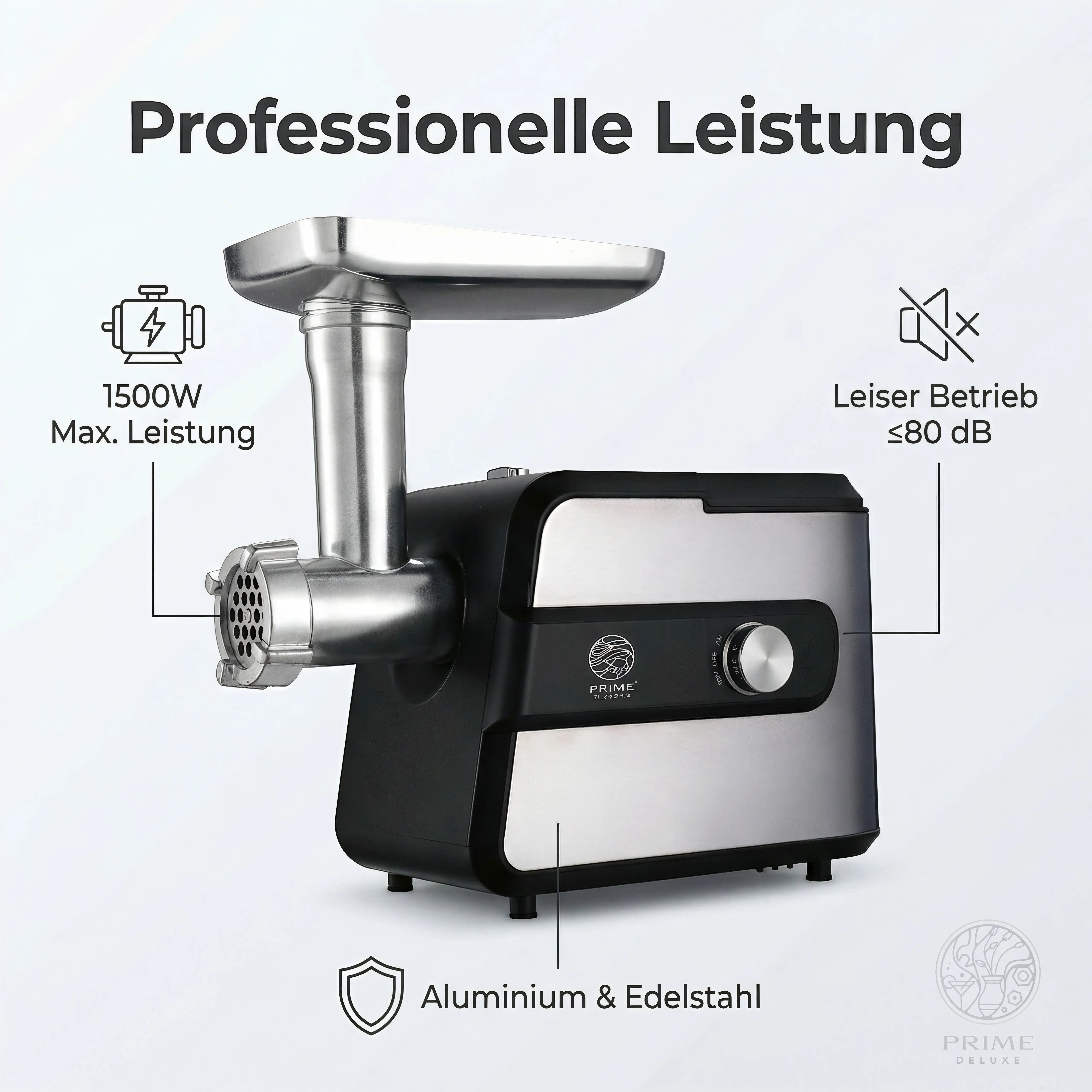 Elektrischer Fleischwolf Prime Kitchen MGY-150 – 1500W Edelstahl mit Rücklauf & Zubehörbox | Profi Fleischmaschine für Hackfleisch, Wurst & Kebbe Prime Deluxe GmbH