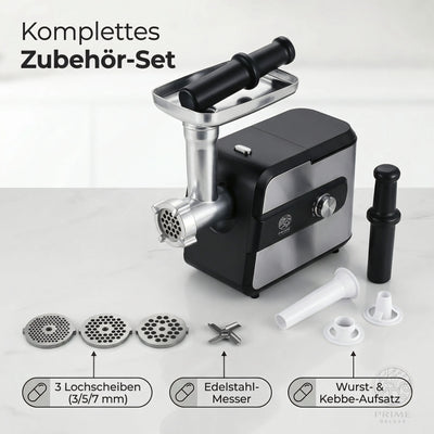 Elektrischer Fleischwolf Prime Kitchen MGY-150 – 1500W Edelstahl mit Rücklauf & Zubehörbox | Profi Fleischmaschine für Hackfleisch, Wurst & Kebbe Prime Deluxe GmbH