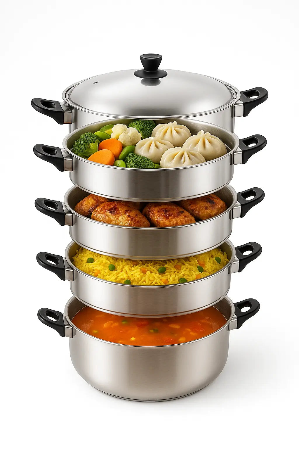 Mantu Dampfgarer Dampftopf 5 Etagen aus Edelstahl – [30cm/32cm/34cm/36cm] – Für Mantu, Baozi & Dim Sum